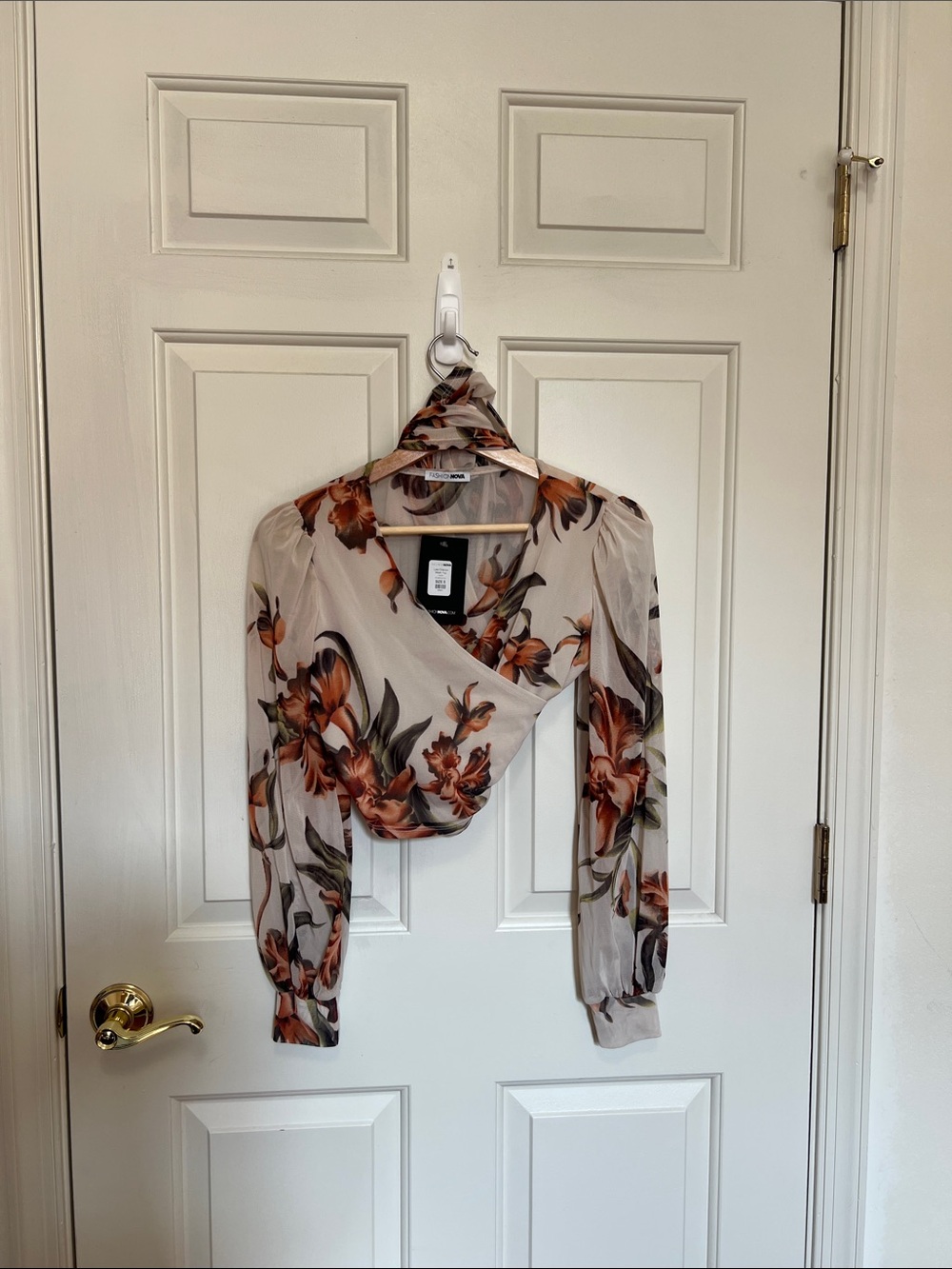 Fashion Nova Cream Floral Wrap Blouse with Orange Blooms